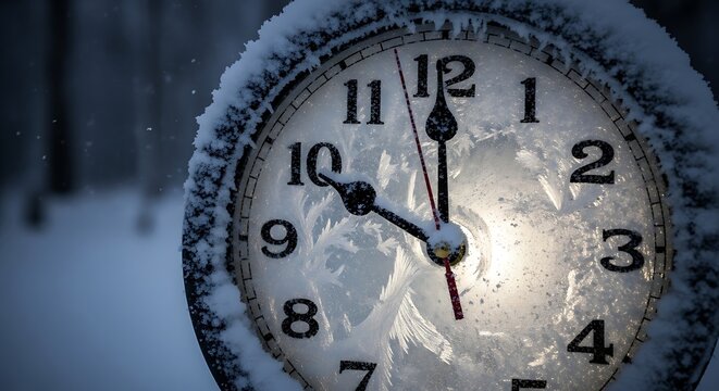 Snow covered clock face with black hands and numbers on white background in winter