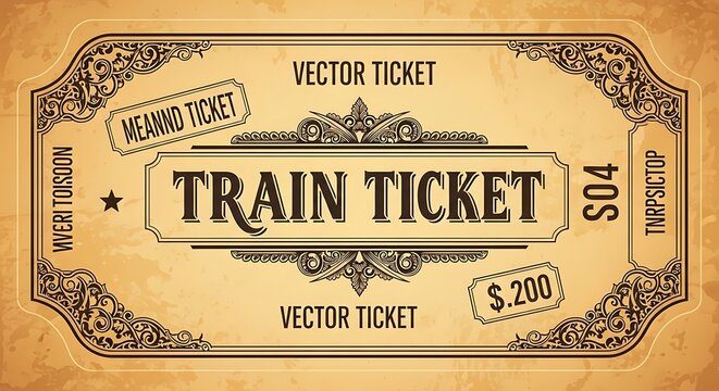 Vintage Ornate Train Ticket Displayed on Aged Paper Background