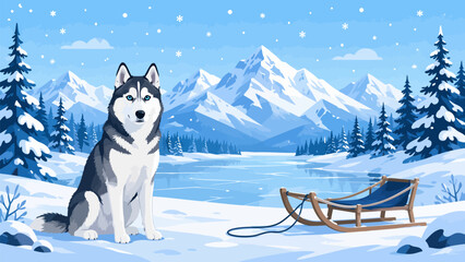 Siberian Husky in a Winter Wonderland: A majestic Siberian Husky sits patiently beside a sled in a serene snowy landscape. © Ahmed