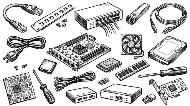 Various hand-drawn computer hardware components and network devices are scattered across a clean white background in a detailed sketch style