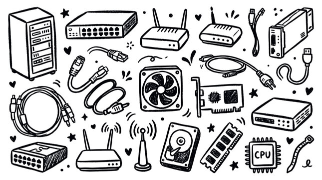Various hand-drawn computer hardware components and network devices are scattered across a clean white background in a playful doodle style