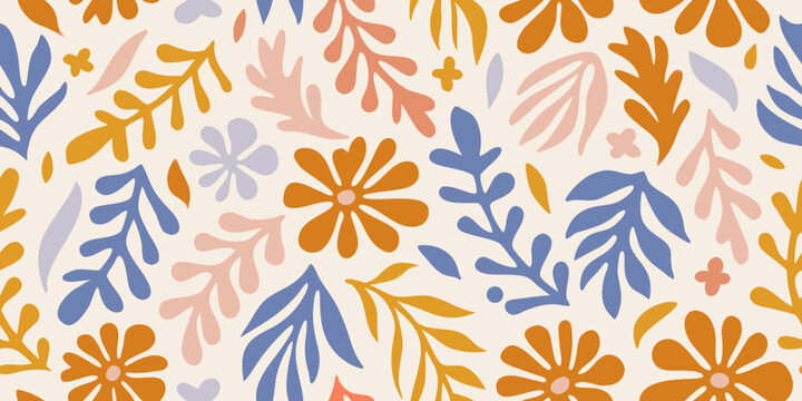 stylized leaves and flowers pattern on cream background botanical floral design ornament