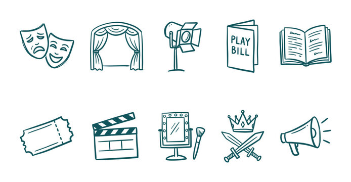 Collection of hand-drawn theater and film icons, including masks, stage, spotlight, playbill, book, ticket, clapperboard, mirror, and megaphone, isolated on a white background