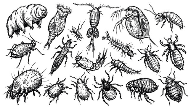 Various hand-drawn microscopic organisms and small insects are depicted in a detailed black and white sketch style on a clean white background