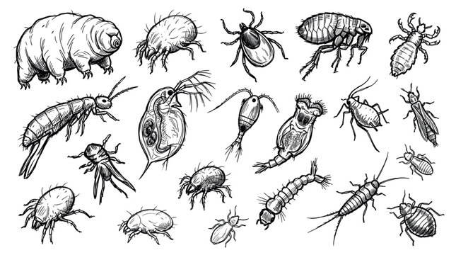 Detailed collection of various small hand-drawn insects and microscopic organisms, rendered in black and white on a clean white background