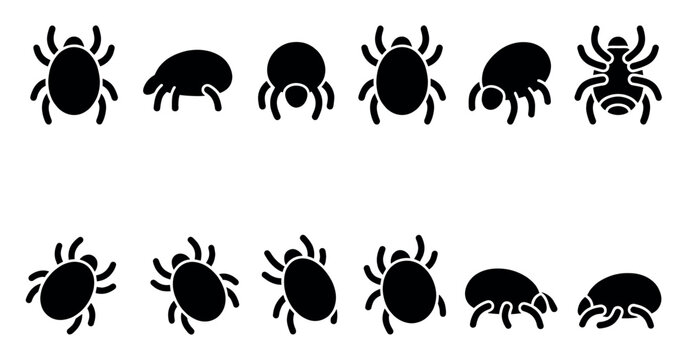 Collection of black tick and mite insect icons in various poses on a clean white background
