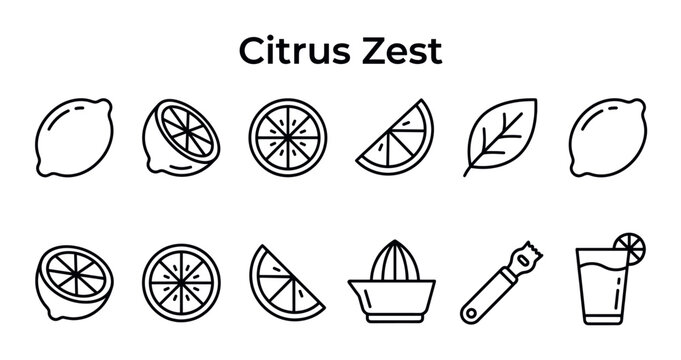 Collection of simple black outline citrus fruit icons, including whole lemons, slices, a leaf, a juicer, a zester, and a drink, presented on a clean white background