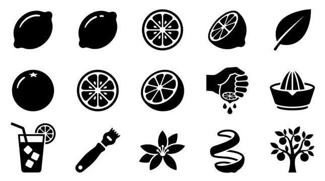 Collection of black and white citrus fruit icons, including whole lemons, sliced oranges, a hand squeezing juice, and a lemon tree, presented on a clean white background