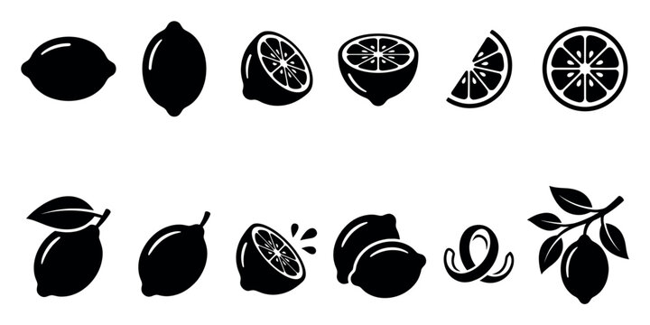 Collection of black silhouette lemon icons in various forms, including whole, sliced, and with leaves, on a clean white background