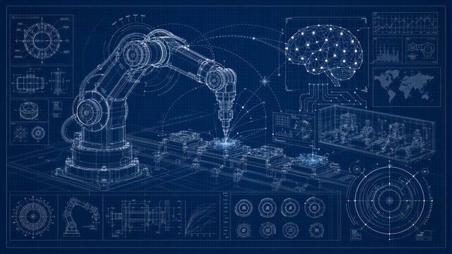 Robotic arm blueprint illustrating industrial automation. Technical drawing of mechanical assembly with artificial intelligence brain interface. Smart manufacturing digital factory concept