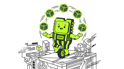 Cute RAM Chip Character Juggling Cubes on Unicycle, Technology Concept © Giesel