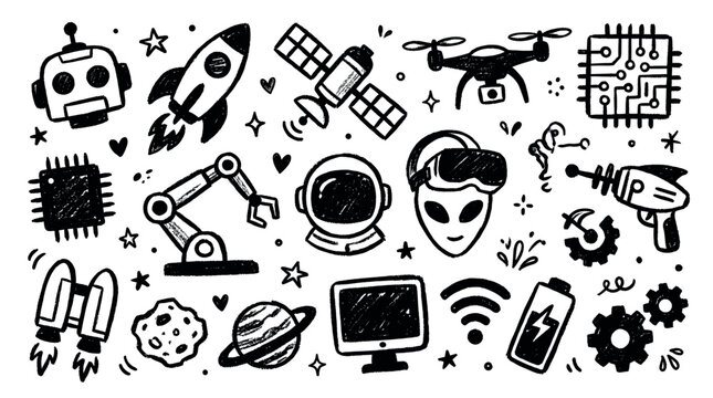 Collection of hand-drawn doodle icons representing technology, space, and futuristic concepts in a playful black and white style