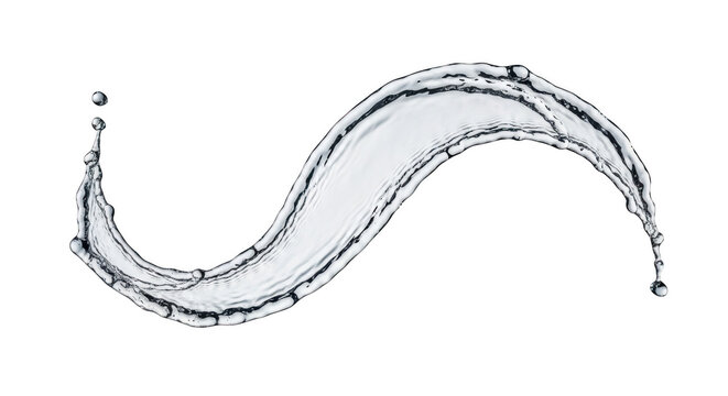 A single, curved wave of clear liquid water splashing in an s-shape, captured in motion against a solid black background