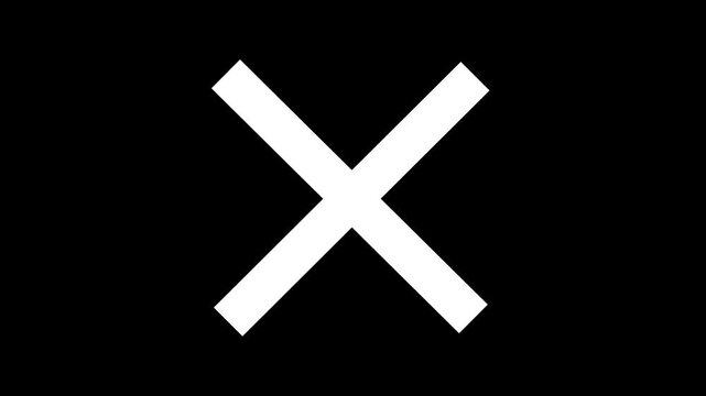 Whaite cross graphic animation for error and failure. Bold Whaite x graphic animation symbolizing rejection cancellation error failure delete and cross against black background 4k video...