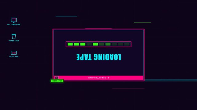 Retro computer loading screen with rotating window and progress bar