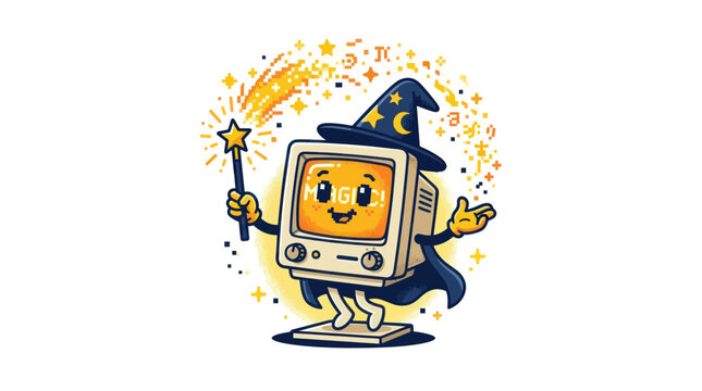 Retro Computer Wizard with Magic Wand and Starry Hat