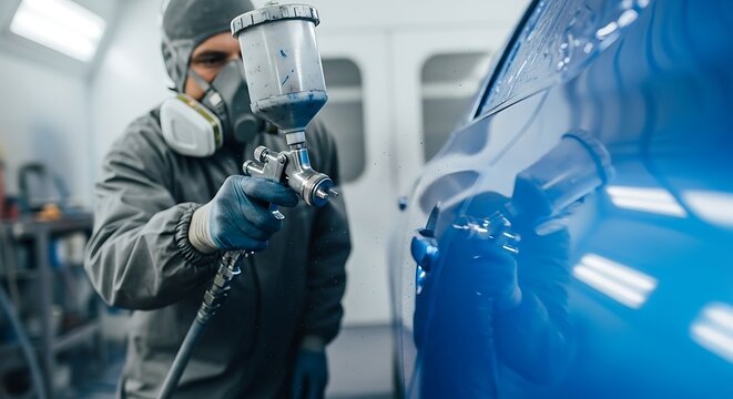 Skilled Auto Painter Spraying Blue Car Door in Modern Body Shop