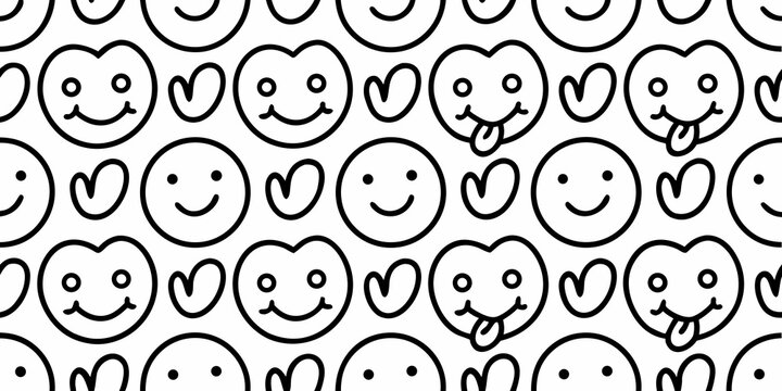 hand drawn smiley faces seamless pattern black white illustration vector graphic design