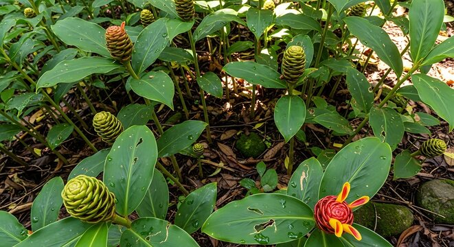 Tropical Spiral Ginger Flowers Growing Among Green Leaves in Shaded Garden