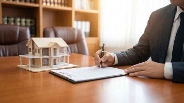 Real estate agent signing a house purchase contract with a model house on desk