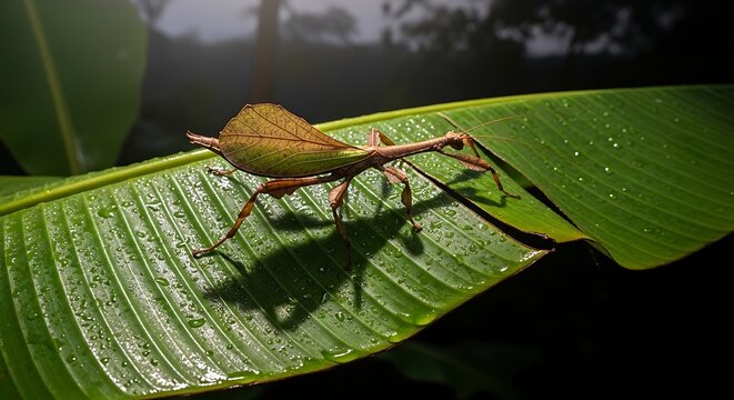 Leaf Mimic Katydid Resting on Wet Green Tropical Leaf in Rainforest