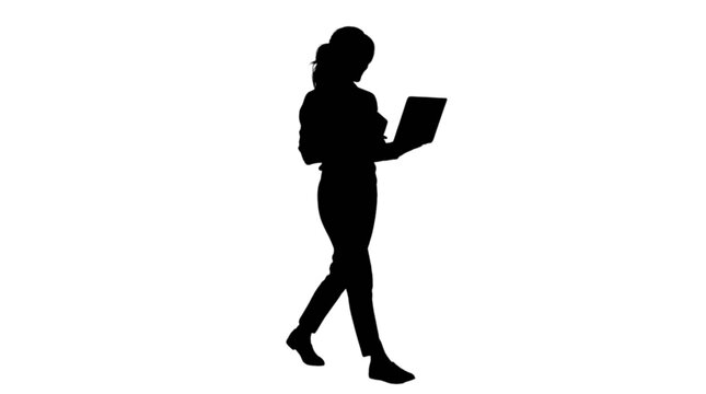 Person walking while using a laptop silhouette isolated on transparent background, Vector