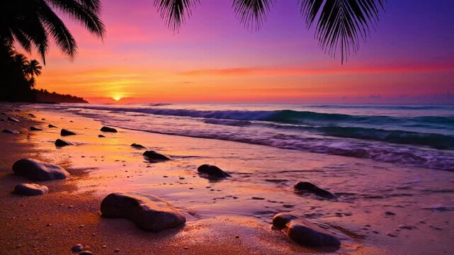 Coastal paradise sunset with waves lapping on the sand beach with palm trees and sun setting over the ocean horizon