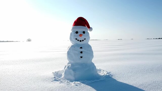An elevated wide shot captures a solitary, perfectly sculpted snowman wearing a bright red Santa hat centered within a vast pristine field of untouched glistening snow wide view, cold, holiday