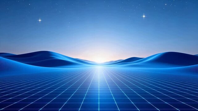 Blue grid landscape with starry sky