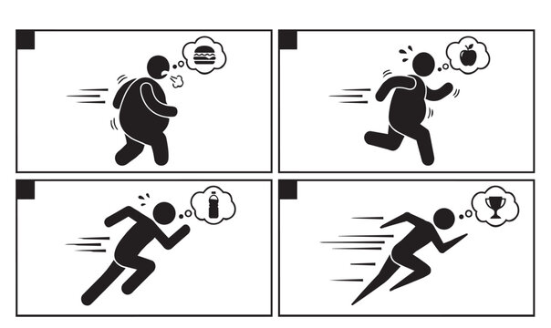 Comic strip infographic of a fat man running and losing weight over four stages, transitioning from fast food cravings to healthy lifestyle and victory.
