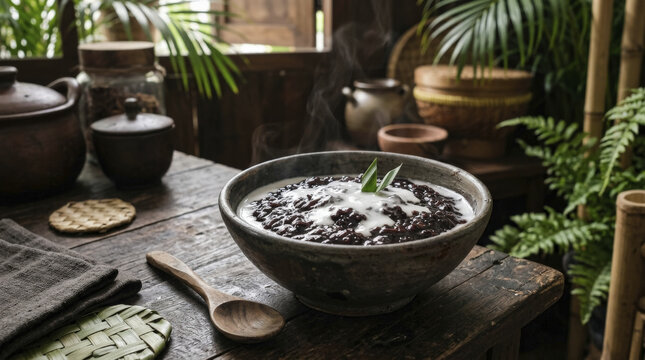 Steaming Bowl of Authentic Indonesian Black Rice Pudding (Bubur Injin) in a Rustic Traditional Setting