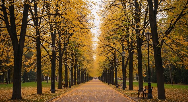 Golden Autumn Tree Lined Pathway Extending Through Quiet Urban Park