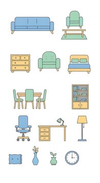 Colorful Home Furniture Icons Arranged on White Background