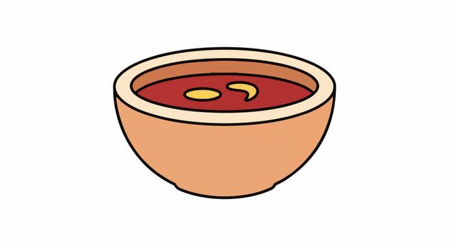 A simplified cartoon illustration of a light brown bowl filled with a reddish soup with yellow chunks