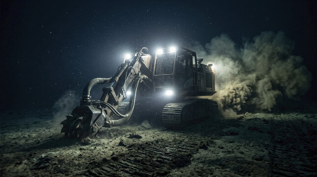 Heavy-duty deep-sea mining machine extracting resources from the ocean floor, creating a large sediment cloud.