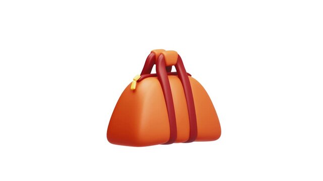 Loopable 3D animation. Cartoon orange sports gym bag with brown inserts and a zipper lifting up in the air and swaying gently. Minimalist travel and fitness icon isolated on white background.
