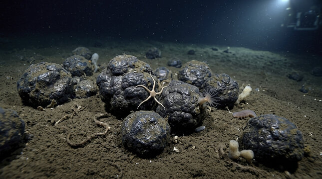 Polymetallic Nodules on Deep Ocean Floor with Unique Benthic Organisms and Seafloor Life.