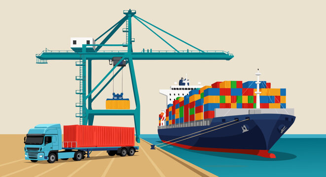 Shipping containers being loaded onto a cargo ship with a truck and crane at a port