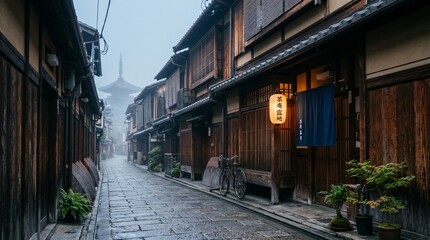 Fototapeta premium Traditional Kyoto Machiya Wooden Townhouse Row in Early Morning Mist with Paper Lantern Glow