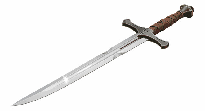A polished metal sword with a brown leather-wrapped hilt, on a white background