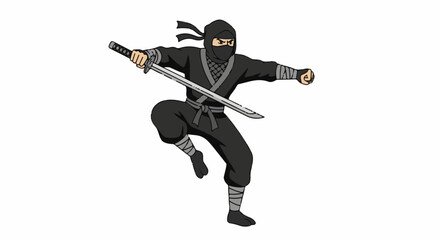 Fototapeta premium A pixelated ninja in a black outfit wields a sword, mid-action