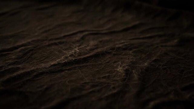 Close up cinematic view of an undulating dark textured surface resembling ancient parchment or weathered fabric retro, ancient, grainy