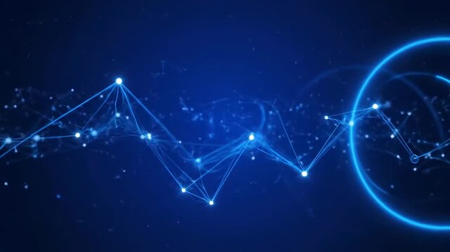 Glowing circles with connected lines and dots on a dark blue background