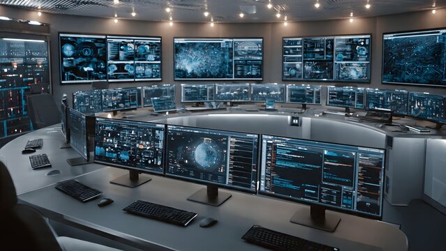 Futuristic Control Room with Multiple Monitors in Dark Blue Lighting