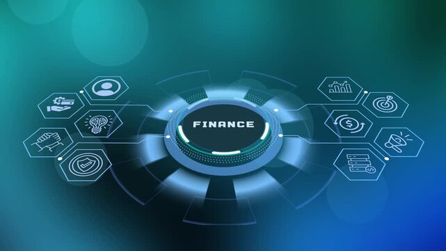 Digital finance and banking concept with futuristic cyber HUD interface displaying electronic money icons.