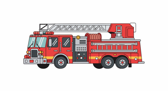 A red fire engine with an extending ladder is shown in profile