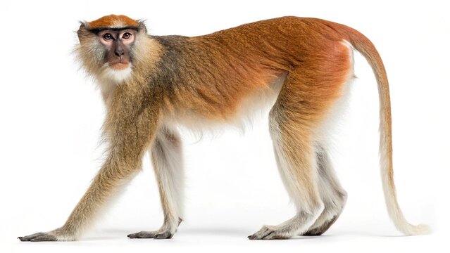 Isolated Patas monkey standing in profile on a solid white studio background