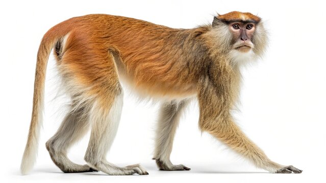 Isolated Patas monkey standing in profile on a solid white studio background