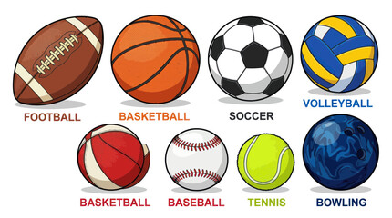 Fototapeta premium Collection of Popular Sports Balls - Football, Basketball, Soccer, Volleyball, Baseball, Tennis, Bowling