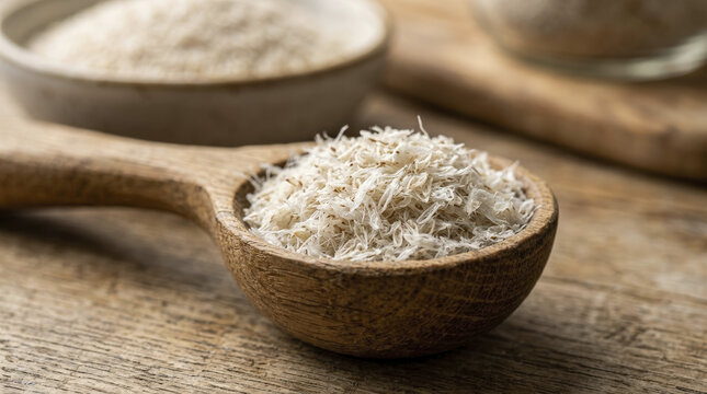 Close-up of Natural Psyllium Husks in Rustic Wooden Spoon, Highlighting Texture.